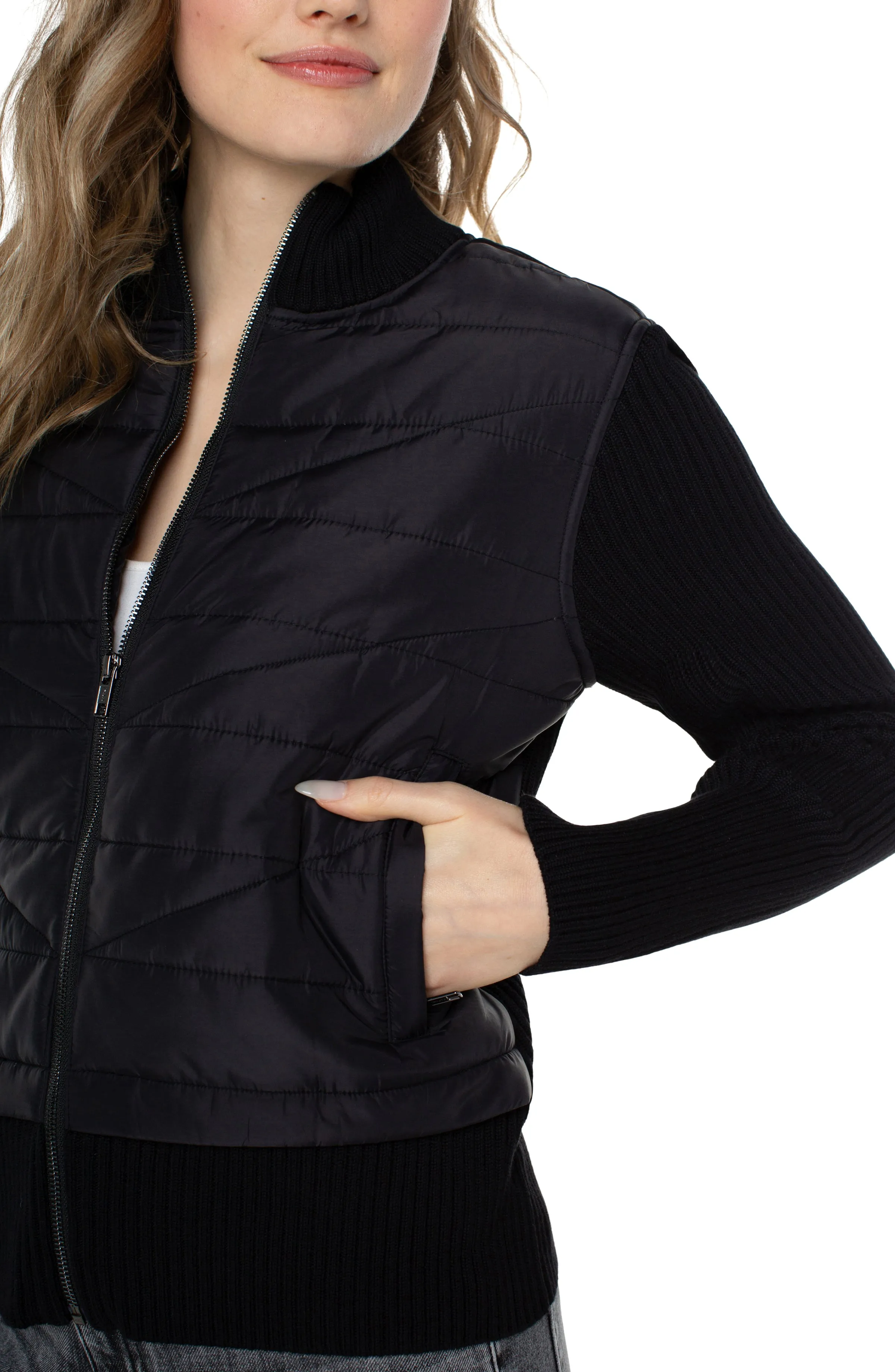 Quilted Front Full Zip Sweater | Porcelain, Black