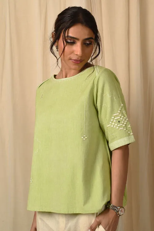 Rangsutra Baori Green Hand Embroidered Round Neck Top