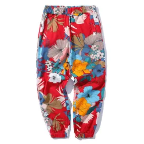 Red Bright Floral Printed Elastic Waist Jogger Casual Men Pants