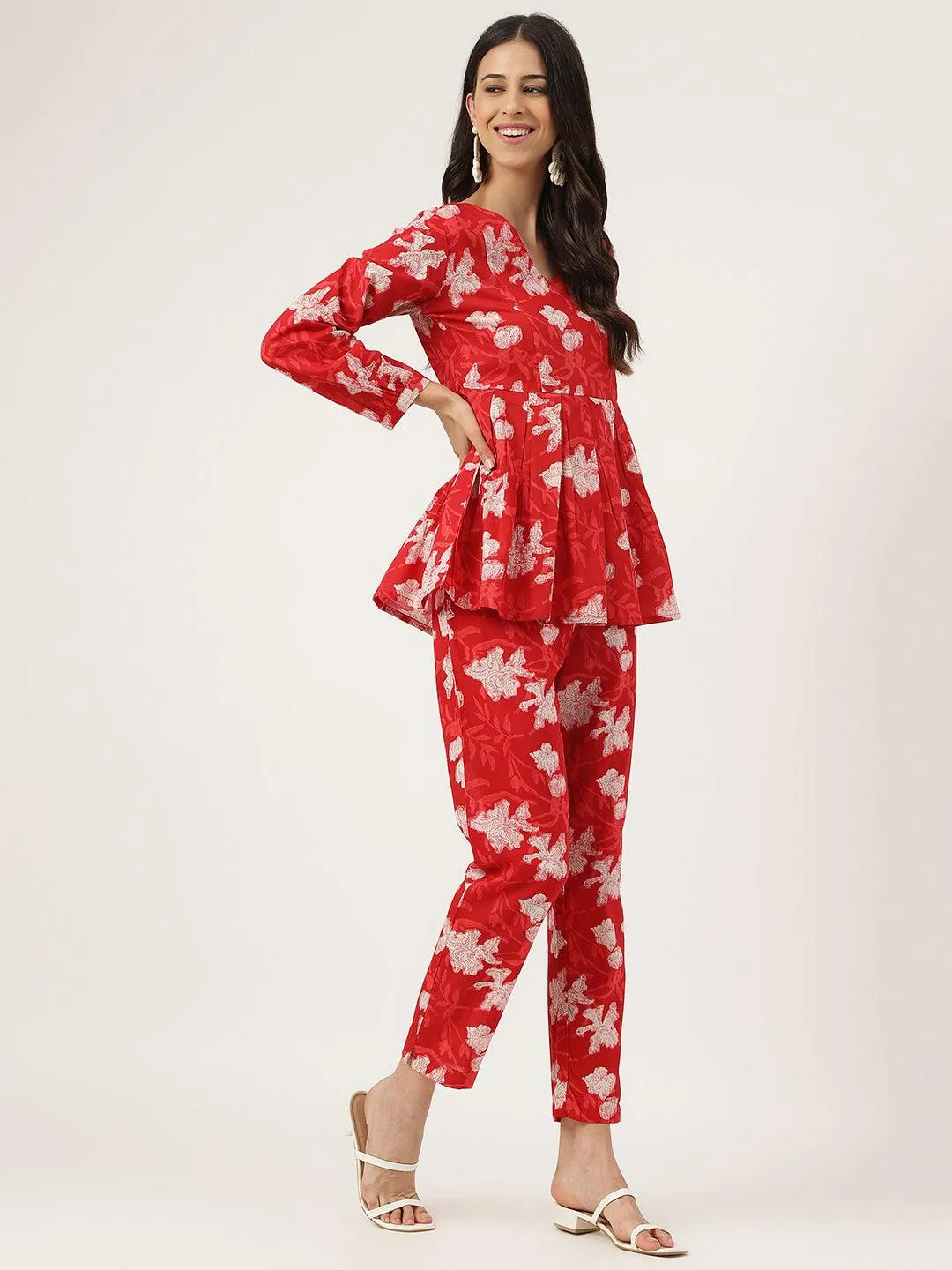 Red Cotton Peplum Top Pant Co-Ords Sets