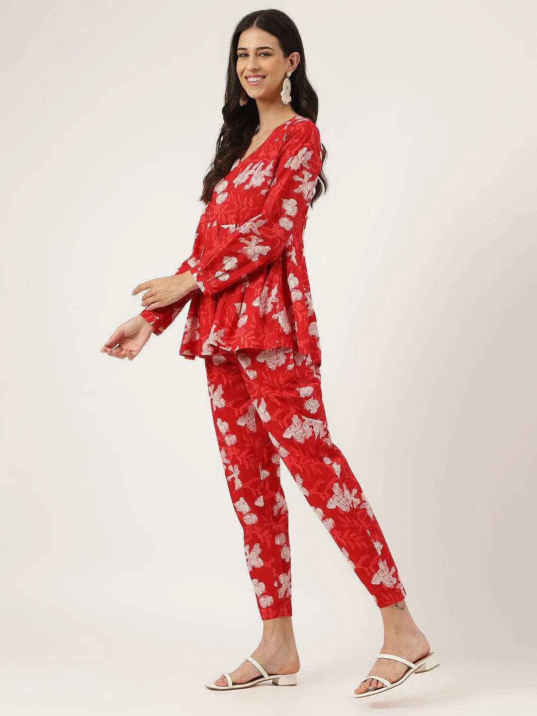 Red Cotton Peplum Top Pant Co-Ords Sets