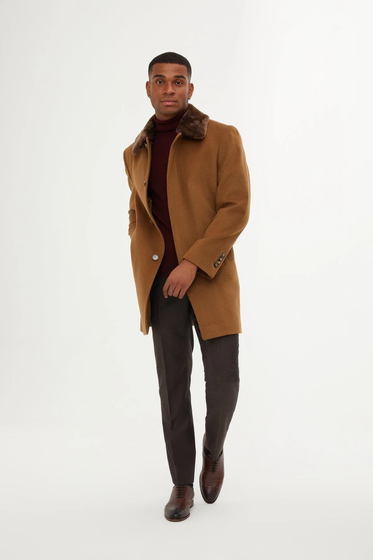 Regular Fit Cachet Flat Collar Wool Blend Camel Overcoat