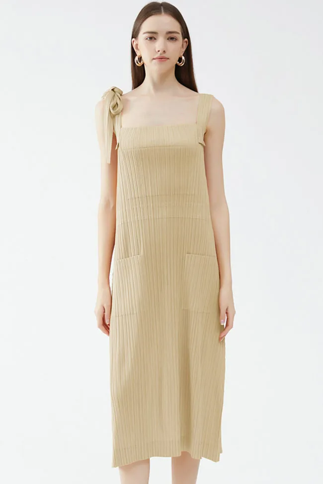 Relaxed Square Neck Tie Strap Pocketed A Line Pleated Midi Sundress - Apricot