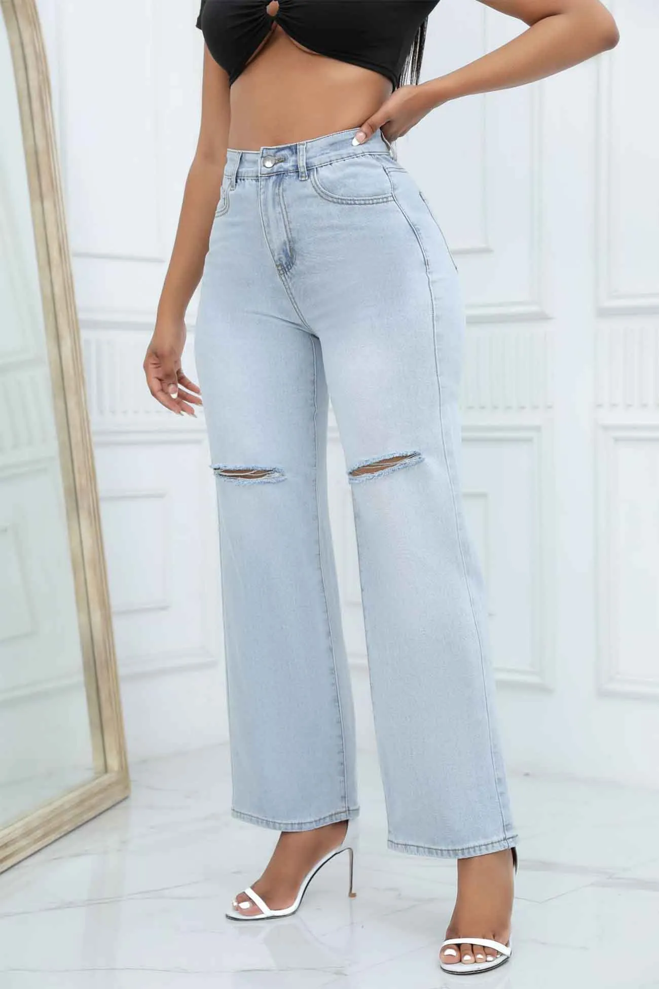 Ripped Mid Rise Flared Jeans