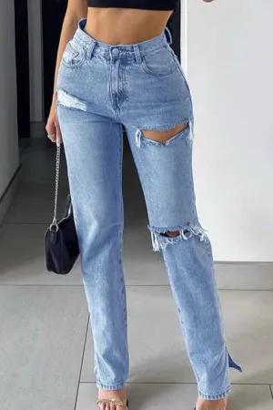 Ripped Slit High Waist Flared Jeans