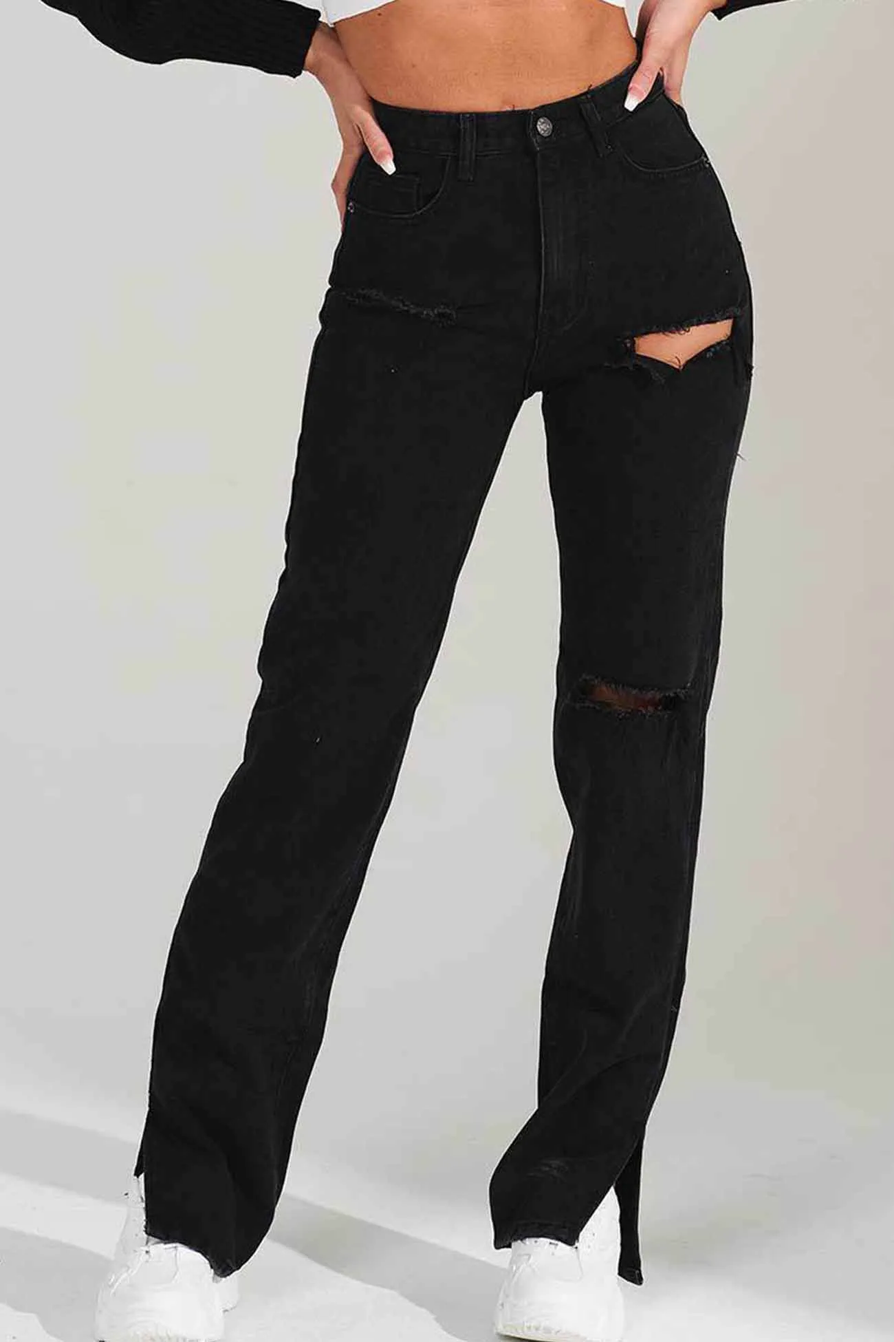 Ripped Slit High Waist Flared Jeans