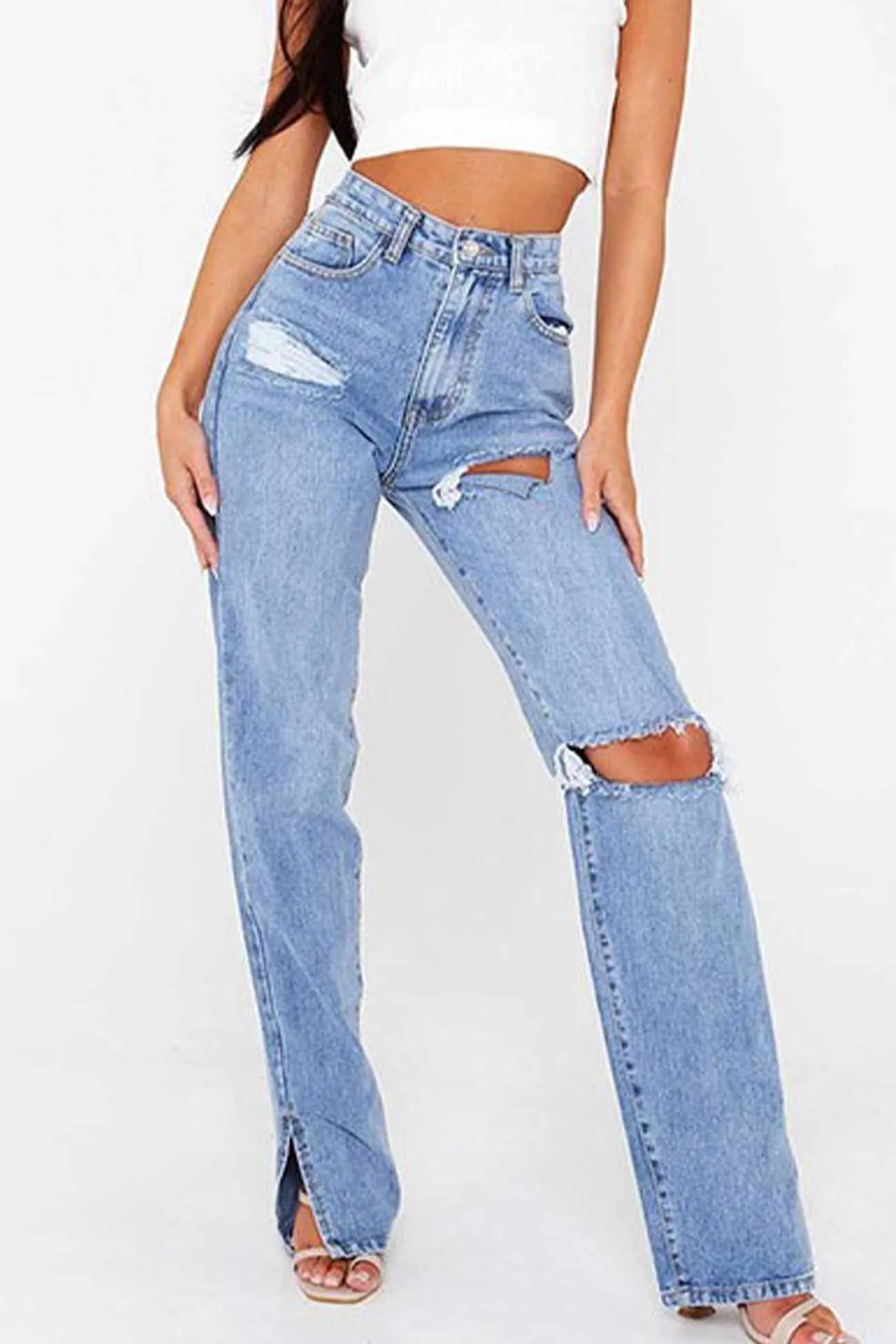 Ripped Slit High Waist Flared Jeans