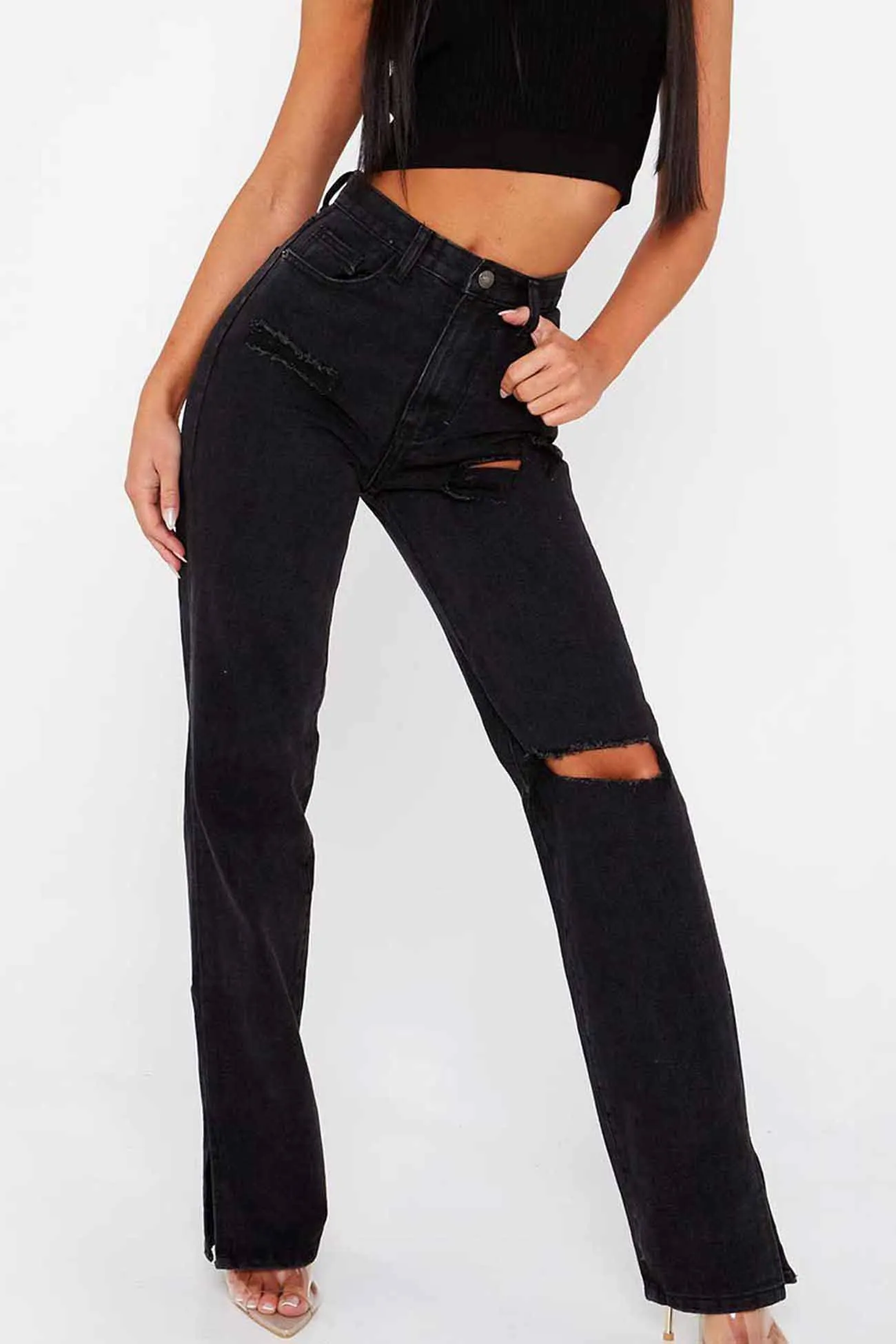 Ripped Slit High Waist Flared Jeans