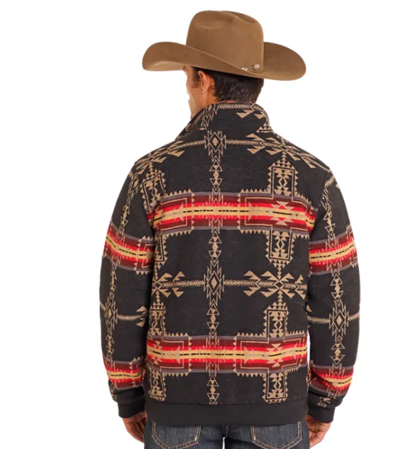 Rock and Roll Cowboy Men's Black Aztec Print Jacquard Bomber Jacket BM92C04332