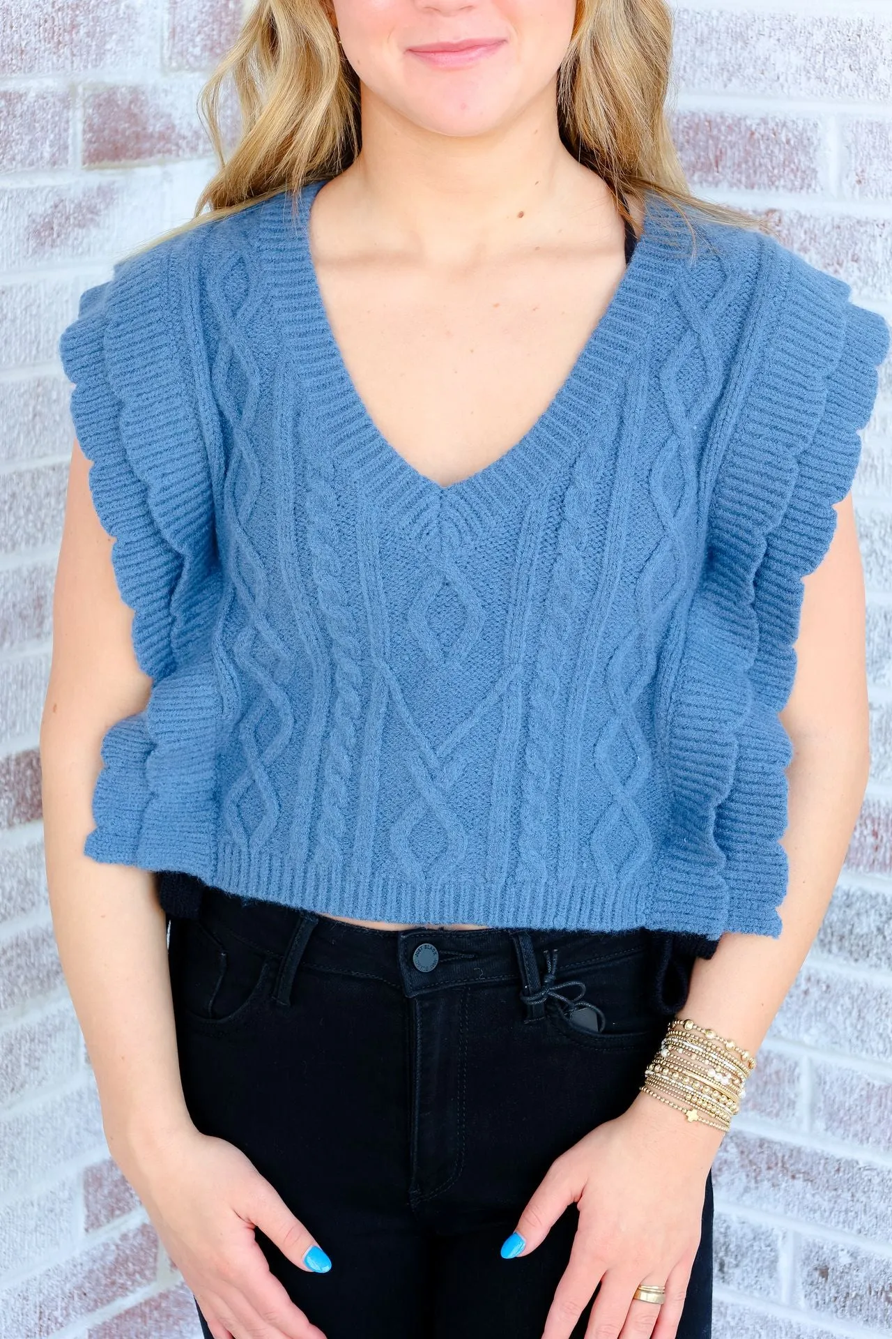 Run With Me Cable Knit V-Neck Scalloped Knit Vest