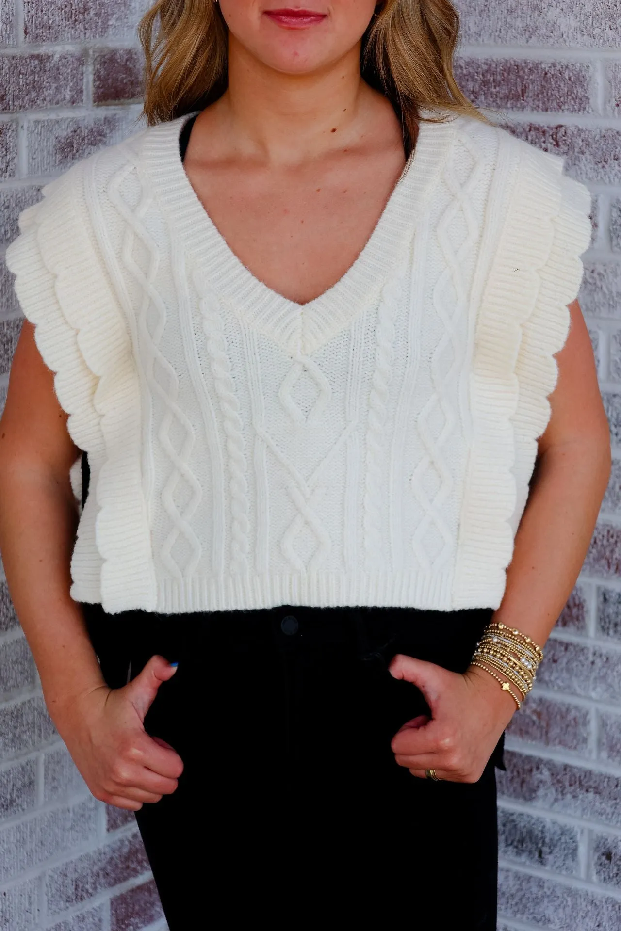 Run With Me Cable Knit V-Neck Scalloped Knit Vest