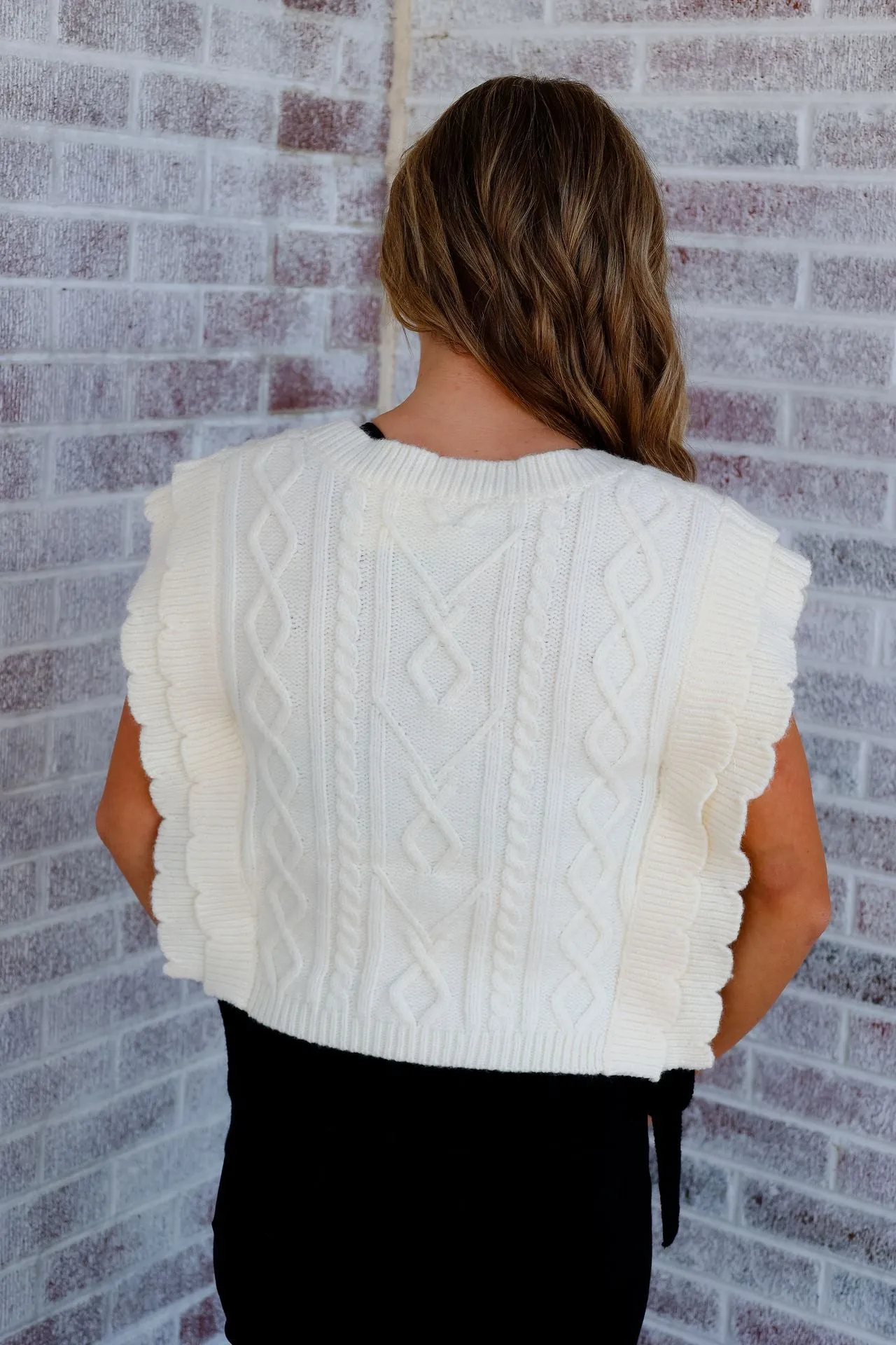 Run With Me Cable Knit V-Neck Scalloped Knit Vest