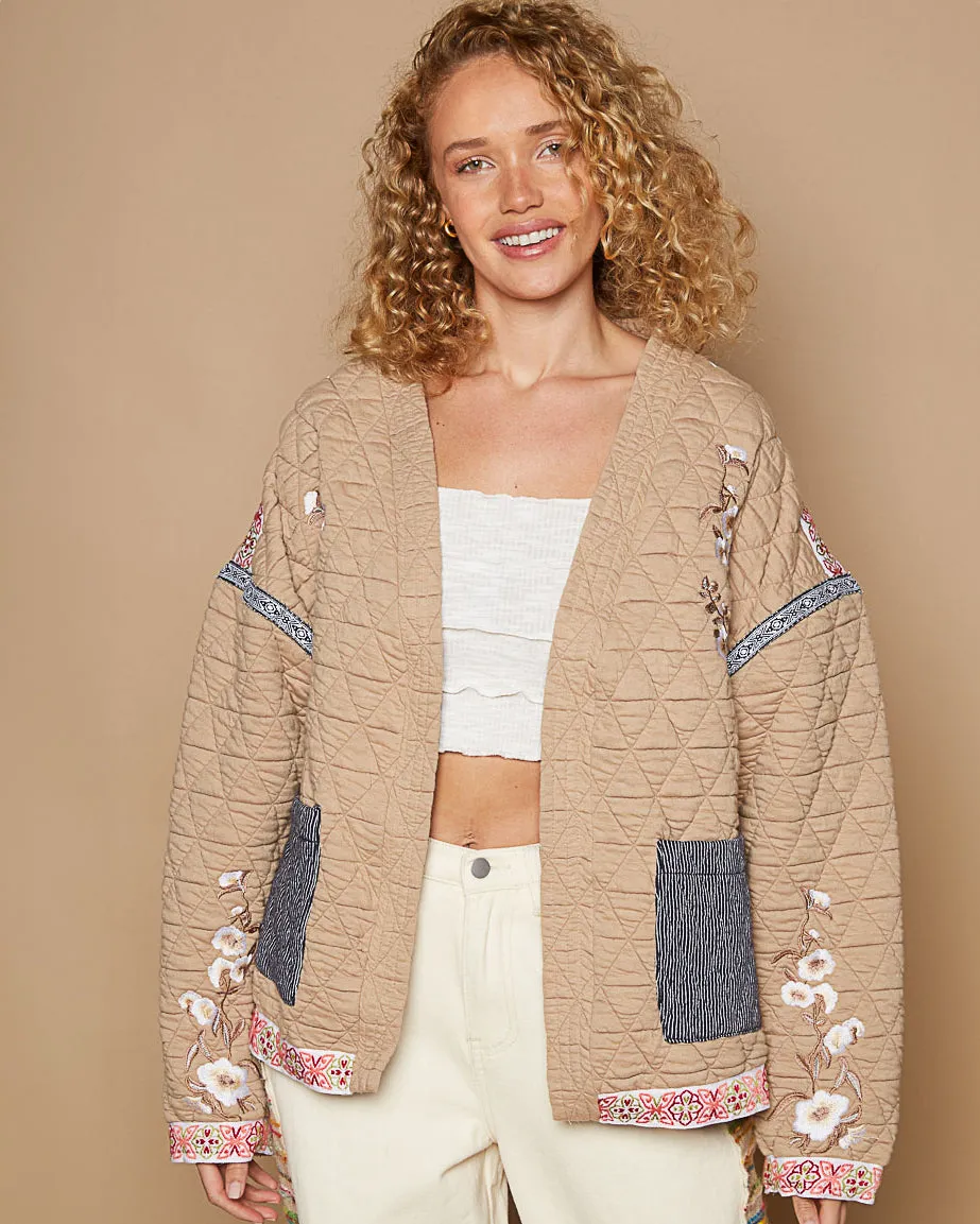 Sand Quilted Jacket with Embroidery and Ribbon Trim