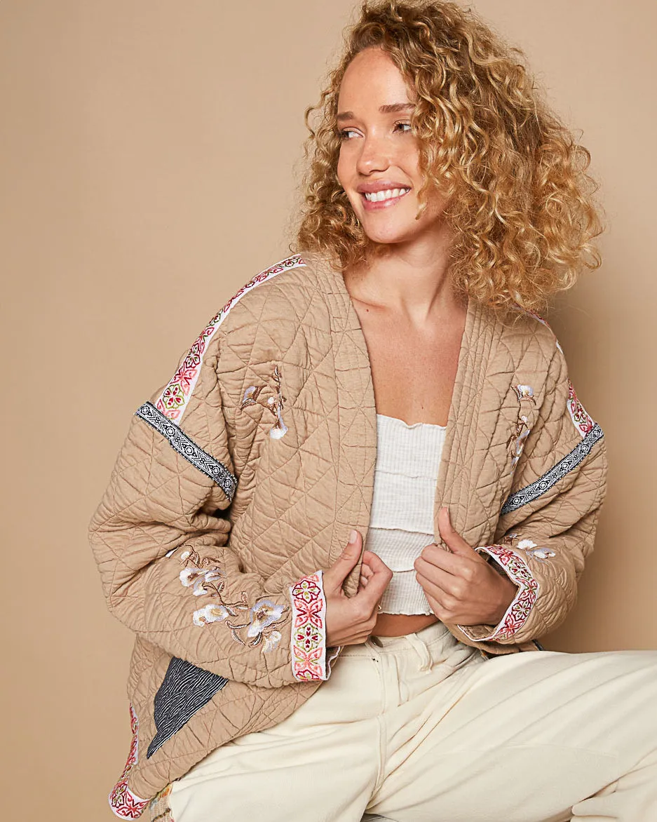 Sand Quilted Jacket with Embroidery and Ribbon Trim