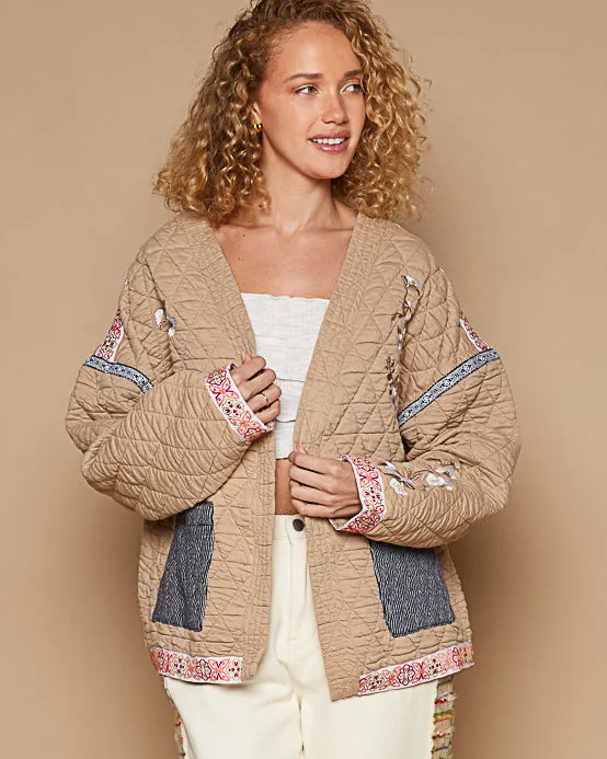 Sand Quilted Jacket with Embroidery and Ribbon Trim