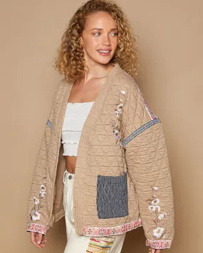 Sand Quilted Jacket with Embroidery and Ribbon Trim