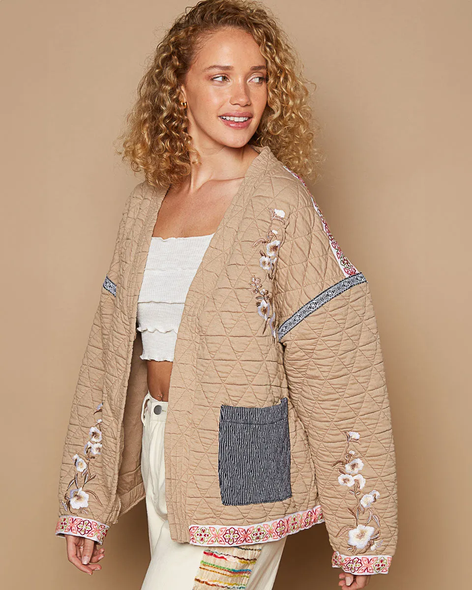 Sand Quilted Jacket with Embroidery and Ribbon Trim