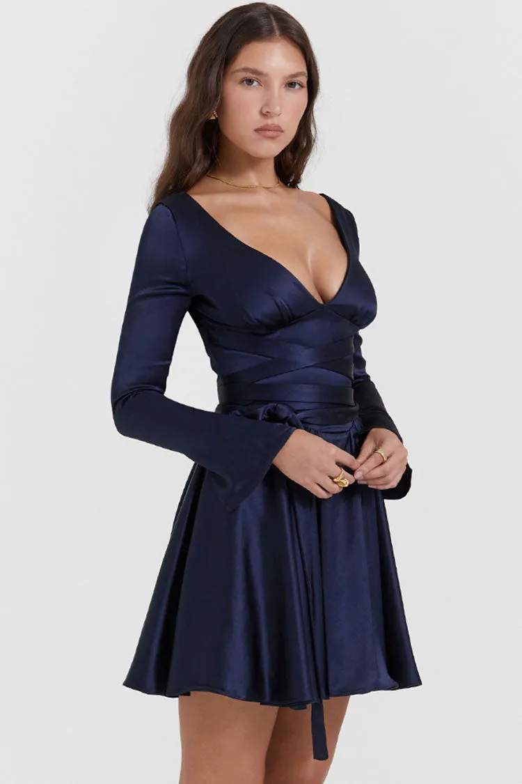 Sexy Deep V Long Sleeve Wrap Tie Waist Silky Satin Party Mini Dress - Navy Blue