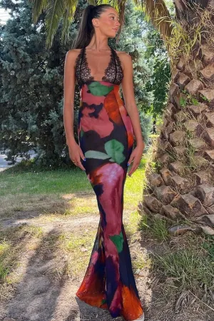 Sexy Deep V Printed Lace Chiffon Sheer Fishtail Slip Maxi Dress - Multicolor