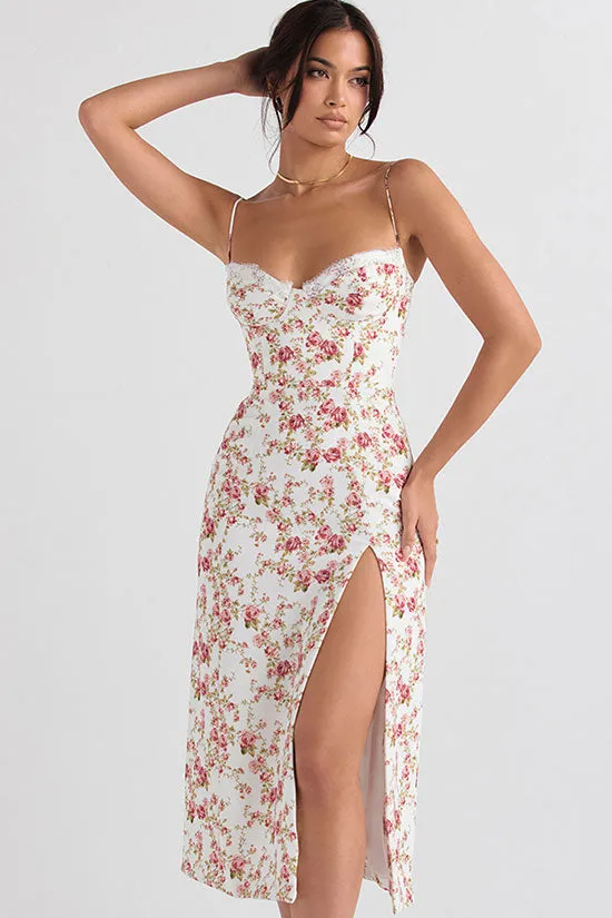 Sexy Eyelash Sweetheart Spaghetti Strap High Split Summer Floral Midi Sundress - Red