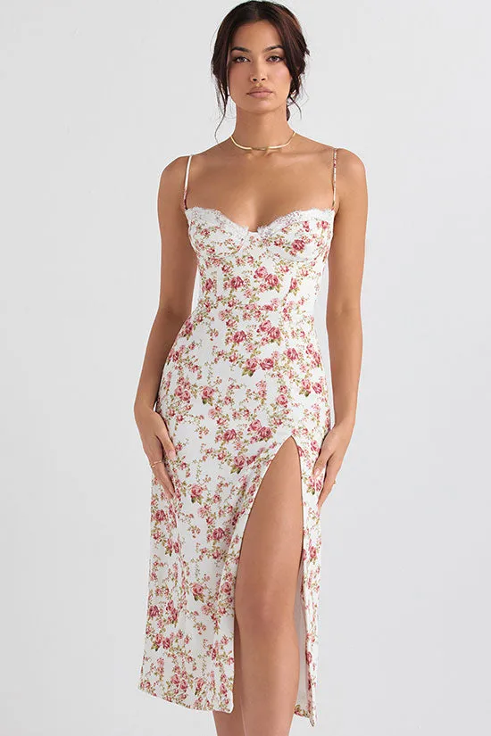 Sexy Eyelash Sweetheart Spaghetti Strap High Split Summer Floral Midi Sundress - Red