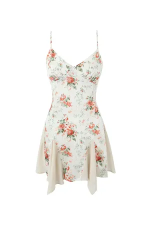 Sexy Floral Print Spaghetti Strap Lace Sweetheart Satin Godet Mini Sundress