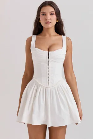 Sexy Hook & Eye Drop Waist Pleated Corset Summer Mini Sundress - White