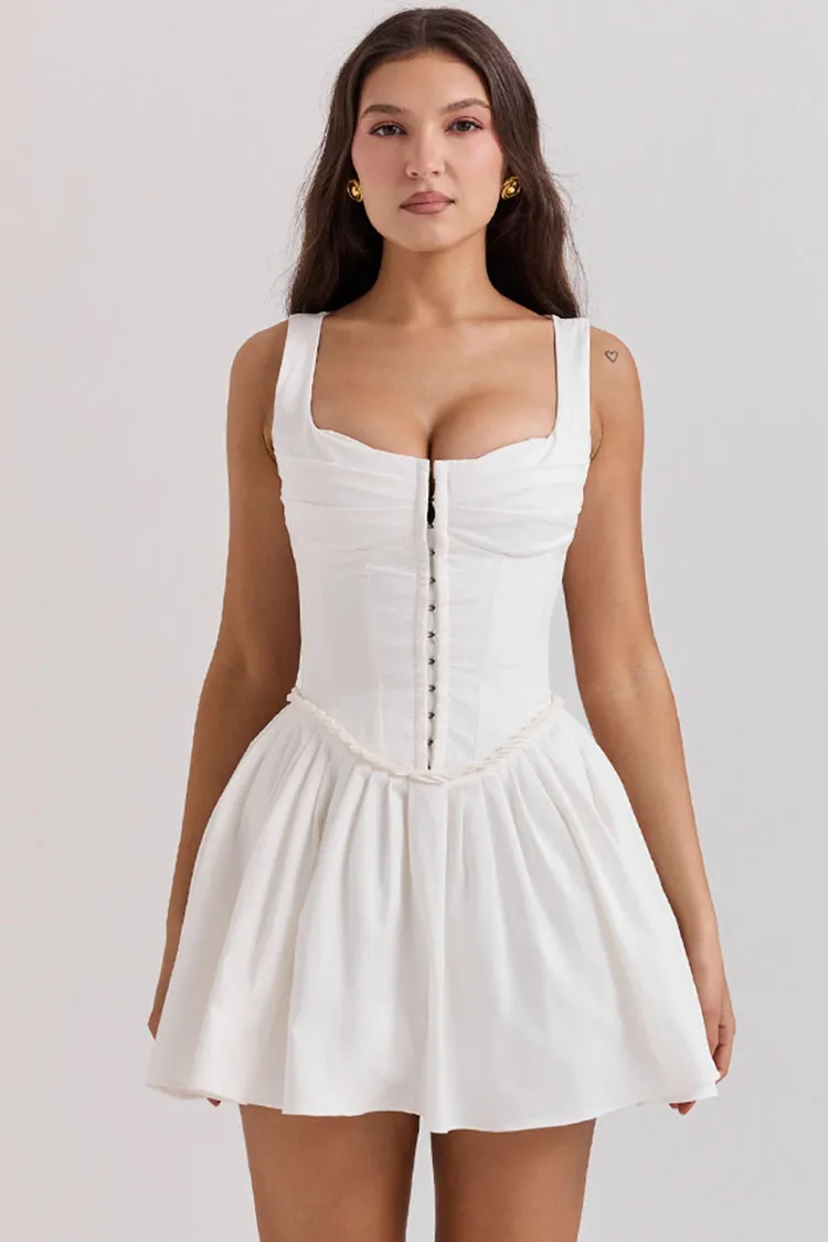 Sexy Hook & Eye Drop Waist Pleated Corset Summer Mini Sundress - White