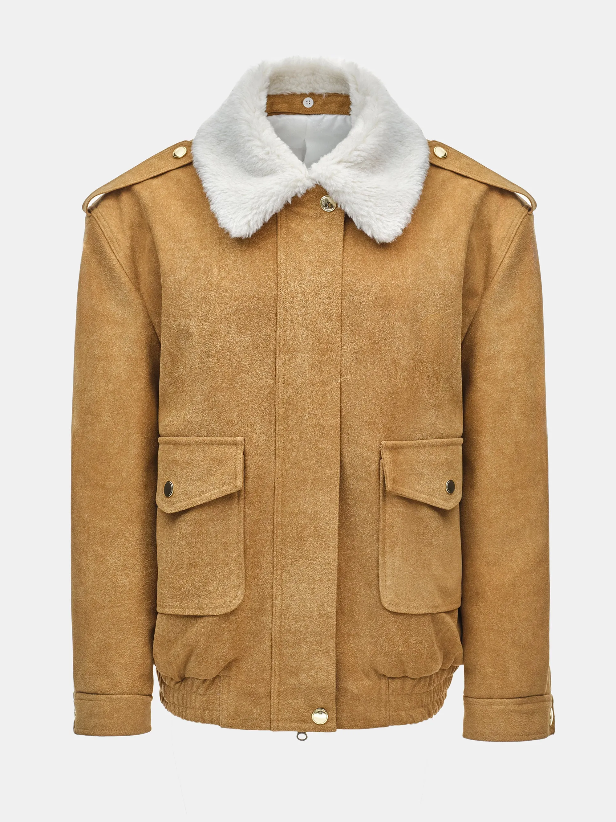 Shearling Collar Suede Bomber Jacket, Buckthorn Brown