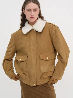 Shearling Collar Suede Bomber Jacket, Buckthorn Brown