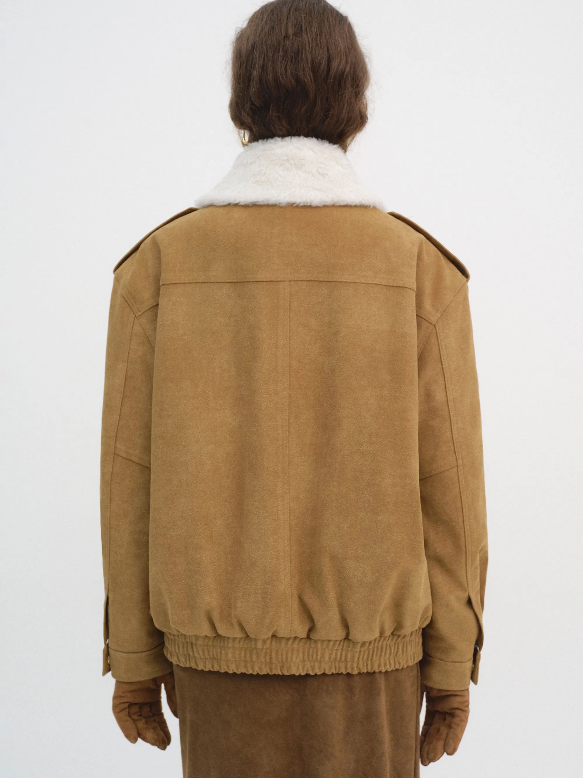 Shearling Collar Suede Bomber Jacket, Buckthorn Brown