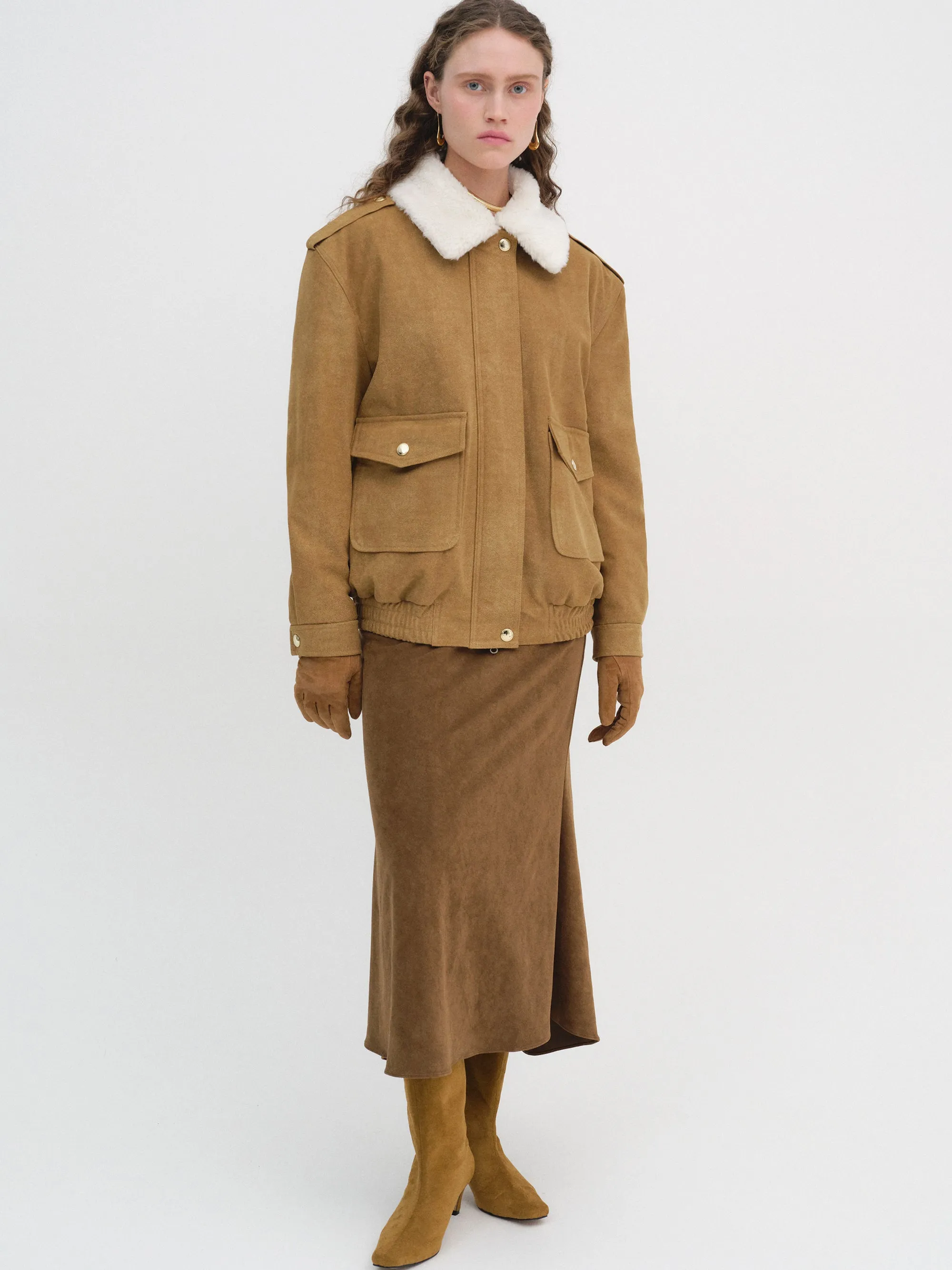 Shearling Collar Suede Bomber Jacket, Buckthorn Brown