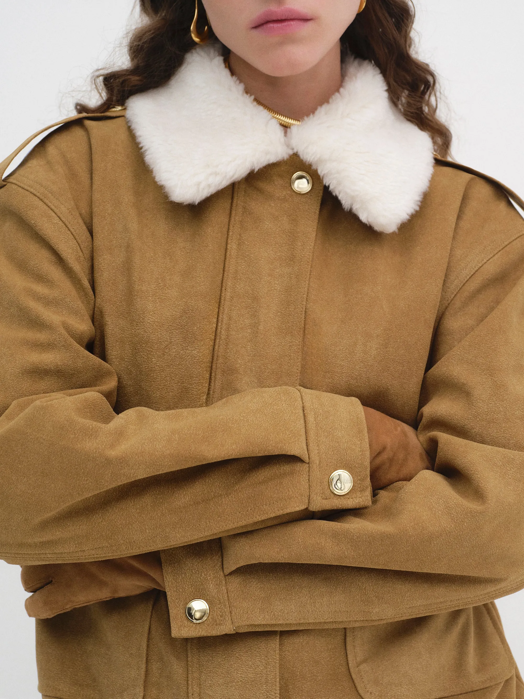 Shearling Collar Suede Bomber Jacket, Buckthorn Brown