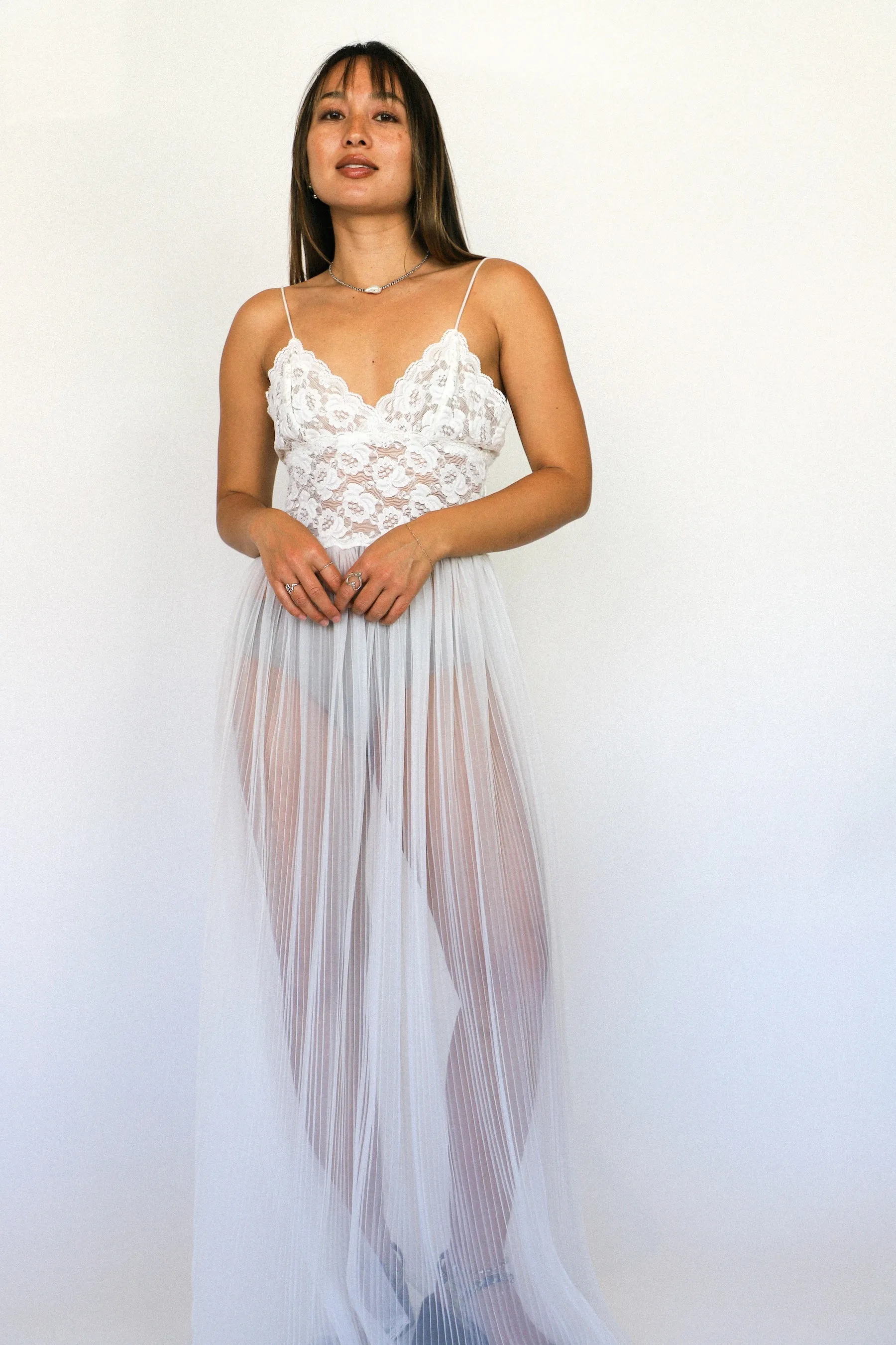 Sheer Lace Pleated Slip Dress