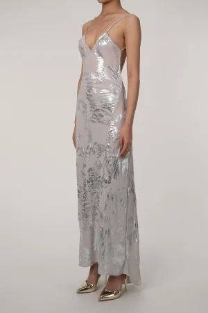 Shimmering Metallic Foil V Neck Spaghetti Strap Backless Evening Maxi Dress