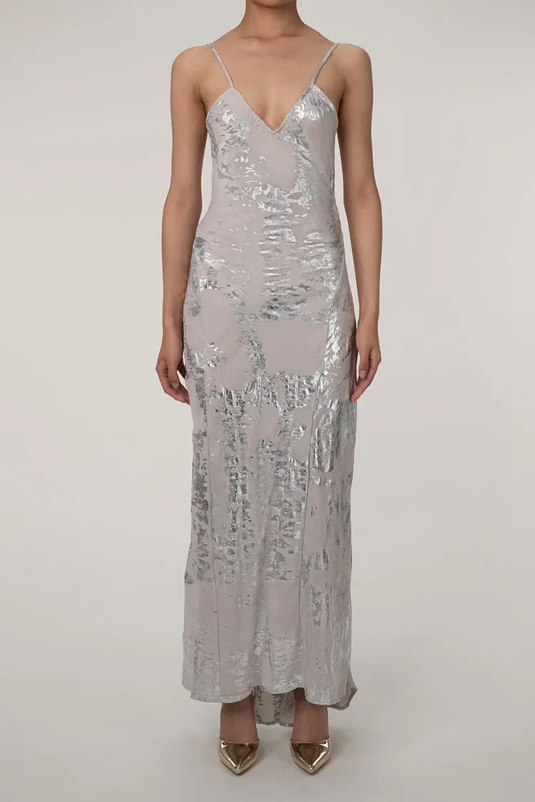 Shimmering Metallic Foil V Neck Spaghetti Strap Backless Evening Maxi Dress