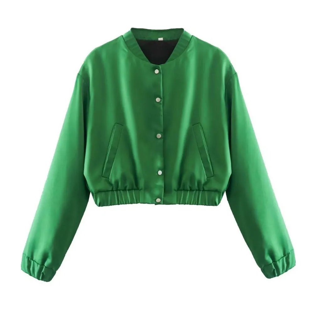 Shimmery Mock Neck Button Up Long Sleeve Bomber Jacket - Emerald Green