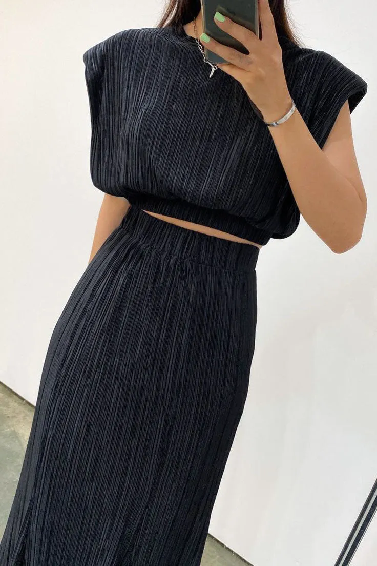 Shutter Pleated Shoulder Vest and Skirt Two-Piece Set