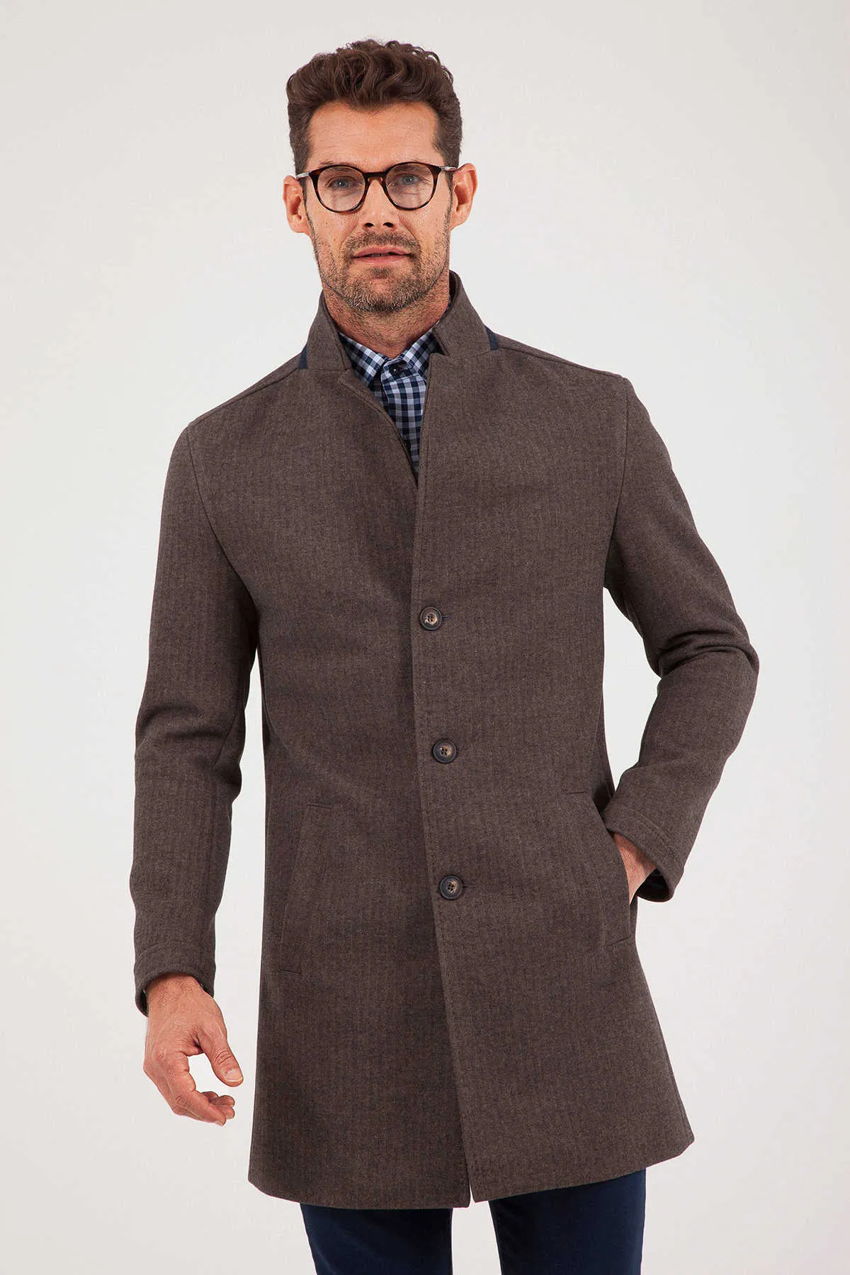 Slim Fit Notch Lapel Cotton Blend Brown Overcoat, Brown Herringbone