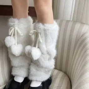 Sohiwoo Otter Rabbit Fur Bow Tie Leg Warmers White Ball Winter Warm Thickened Plush Leggings Socks Cold Protective Y2k Boots Cover Socks