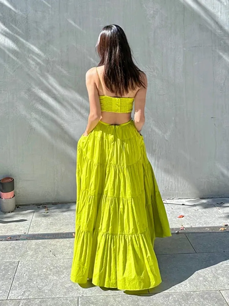 Solid Summer Backless Dresses For Women Slash Neck Sleeveless High Waist Spliced Draped A Line Slip Dress Female