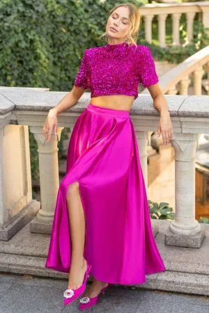 Sparkly Bow Trim Sequin Crop Top Satin Split Skirt Two Piece Maxi Dress - Hot Pink