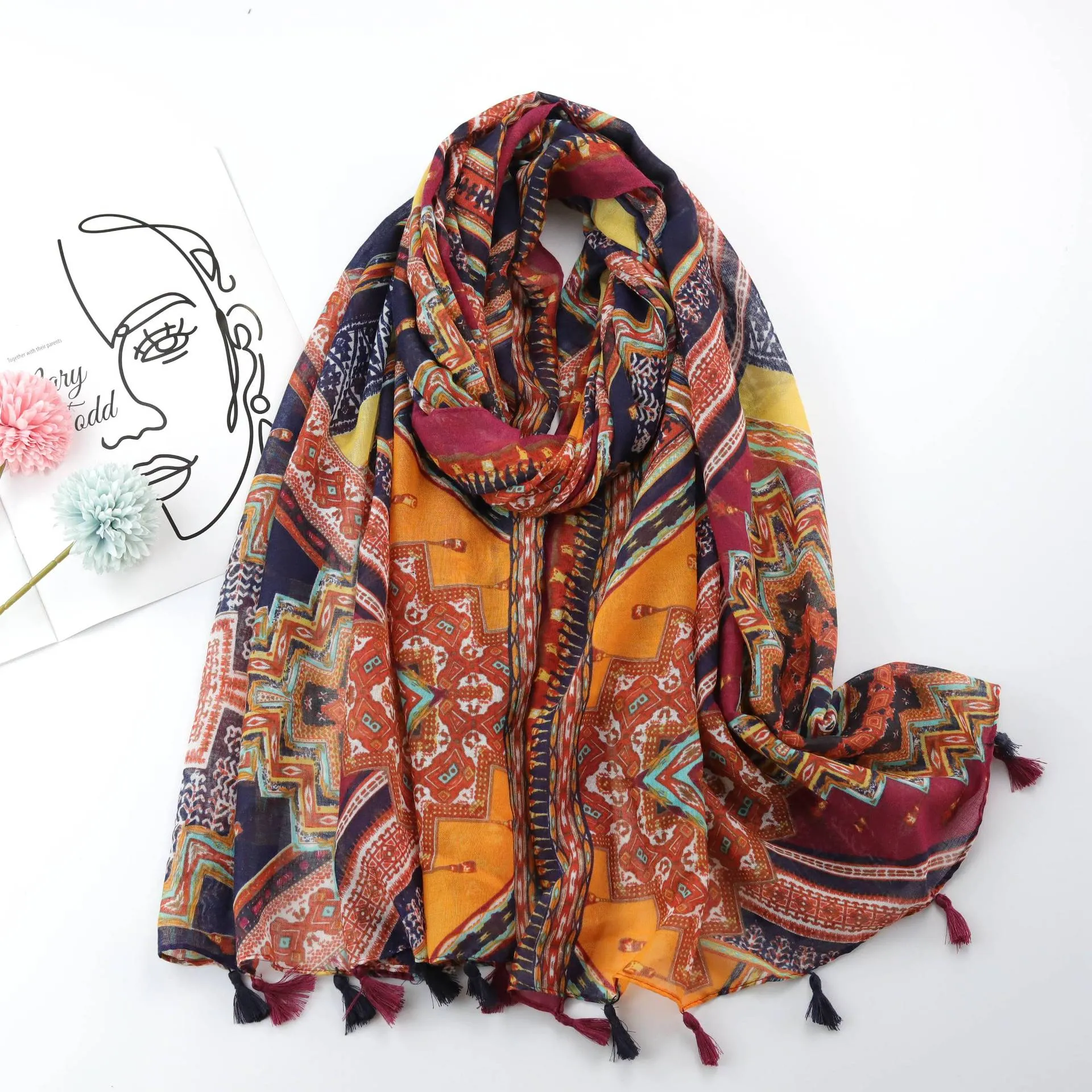 Spring and summer national totem printing long scarf encryption Bali yarn scarf ladies travel sunscreen towel