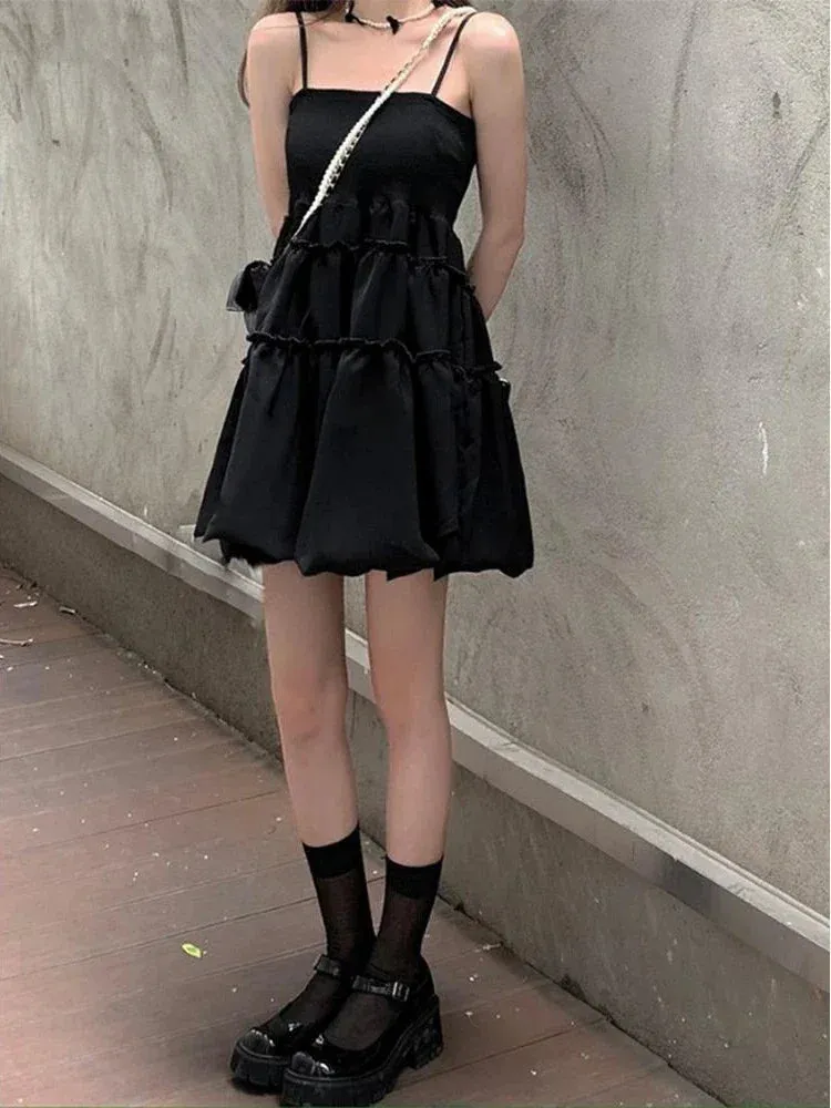 Summer Ruffles Slip Black Mini Dress Kawaii Cute Korean Fashion Spaghetti Strap Short Dresses Holiday Sundress Women