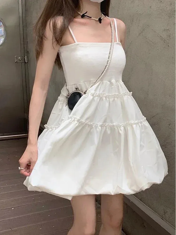 Summer Ruffles Slip Black Mini Dress Kawaii Cute Korean Fashion Spaghetti Strap Short Dresses Holiday Sundress Women