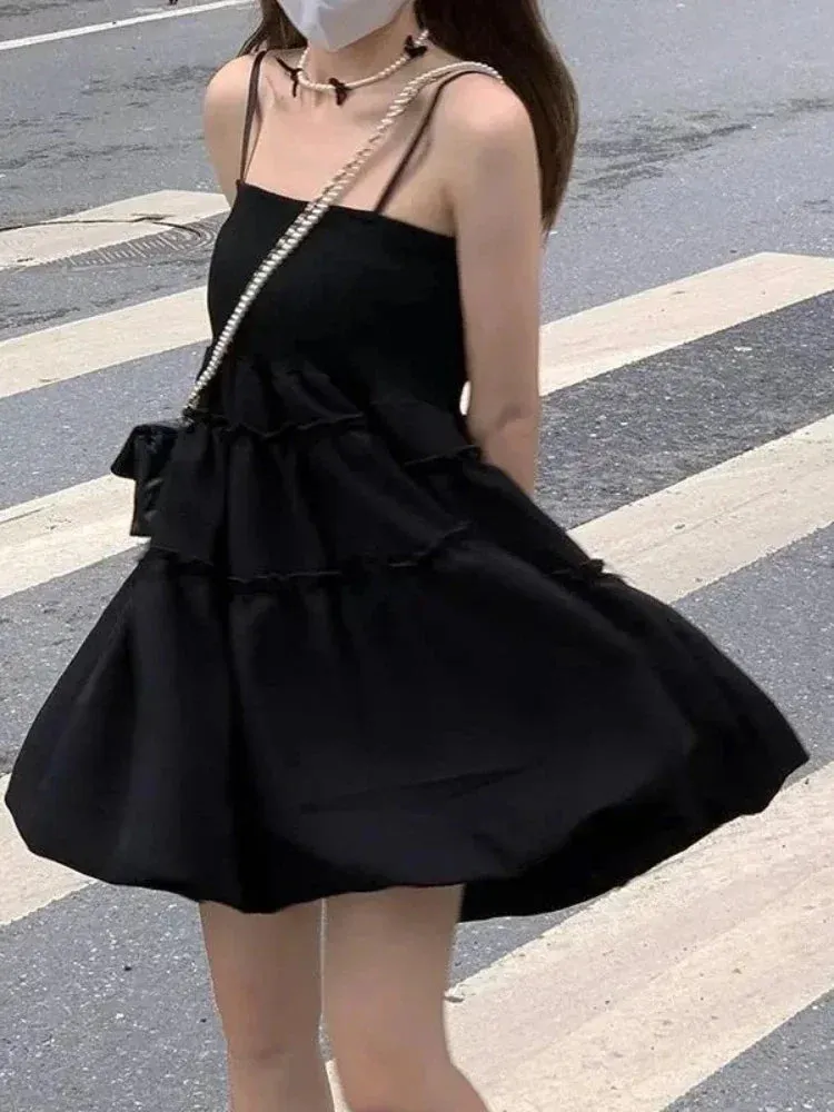 Summer Ruffles Slip Black Mini Dress Kawaii Cute Korean Fashion Spaghetti Strap Short Dresses Holiday Sundress Women