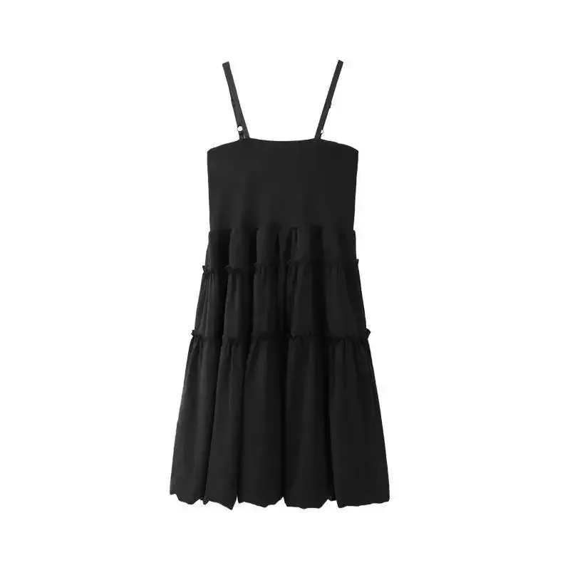 Summer Ruffles Slip Black Mini Dress Kawaii Cute Korean Fashion Spaghetti Strap Short Dresses Holiday Sundress Women