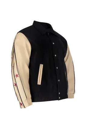 SUNSET RODEO LEATHER VARSITY JACKET-BLACK/CREAM