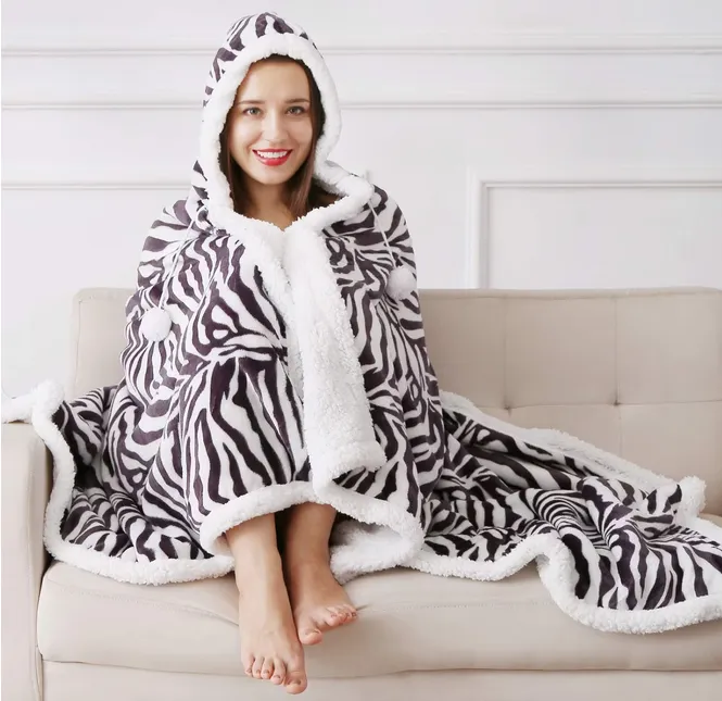 Super Soft Warm Sherpa Fleece Wearable Hoodie Blankets ZEBRA Designs -130 x 180 cm