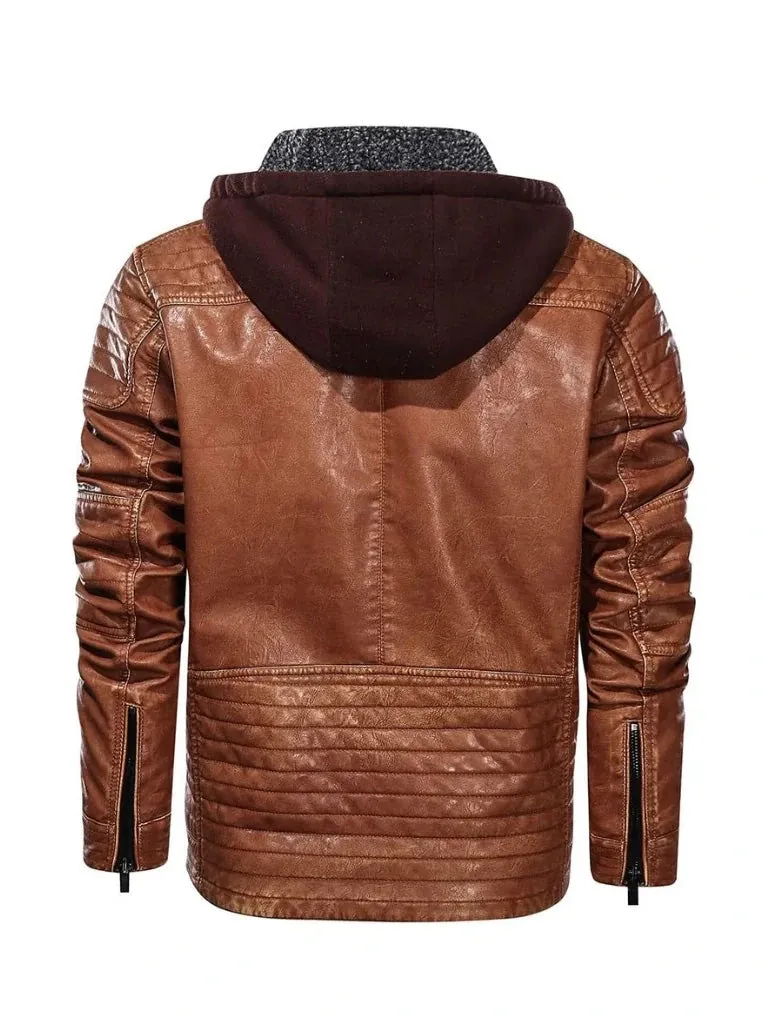 Tan Bomber Hooded Leather Jacket